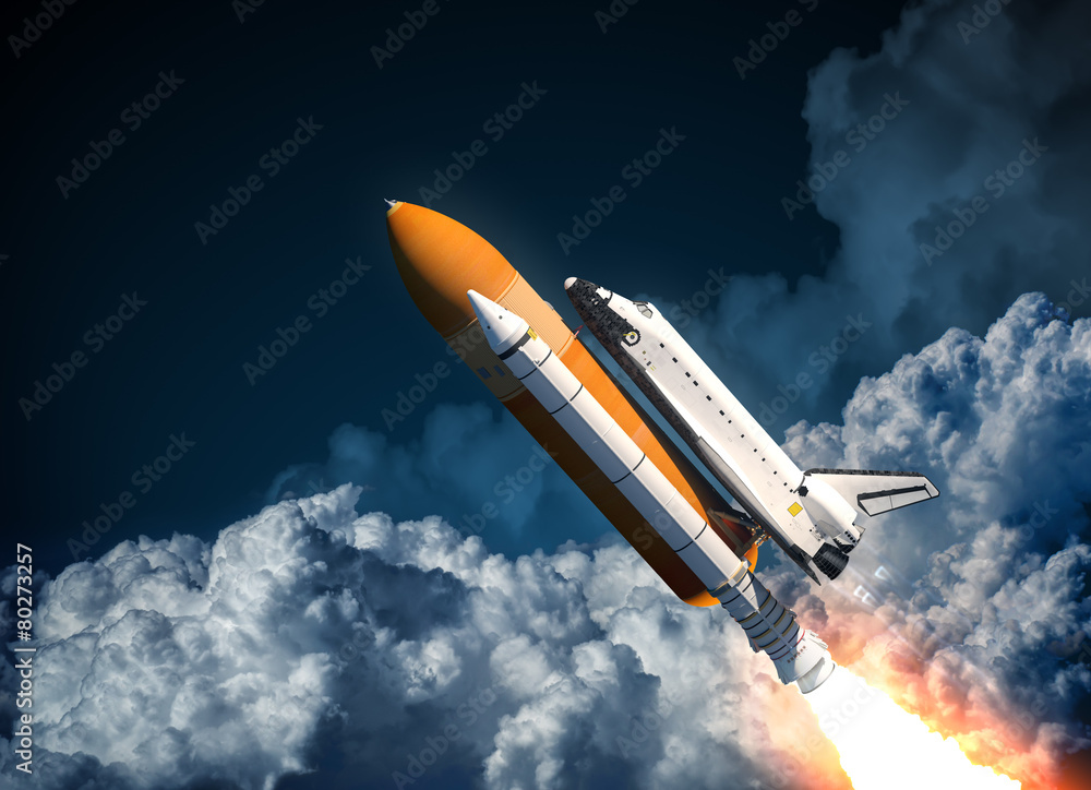 Space Shuttle Flying In The Clouds - obrazy, fototapety, plakaty 