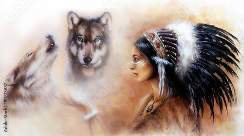 Dekoracja na wymiar  obraz-przedstawiajacy-ubrana-mloda-indianke-i-dwa-wilki