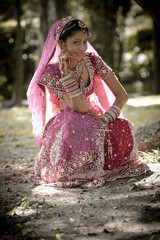 Wall Mural - happy beautiful hindu Indian bride outdoors smiling having fun