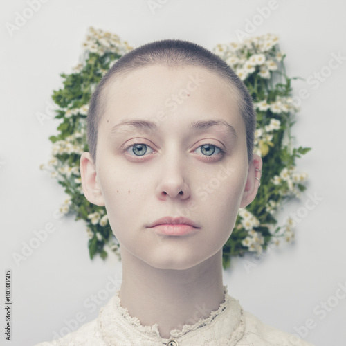 beautiful bald-headed girl over floral background Poster