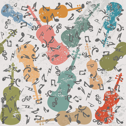 Naklejka - mata magnetyczna na lodówkę Grunge vintage background with violins and musical notes