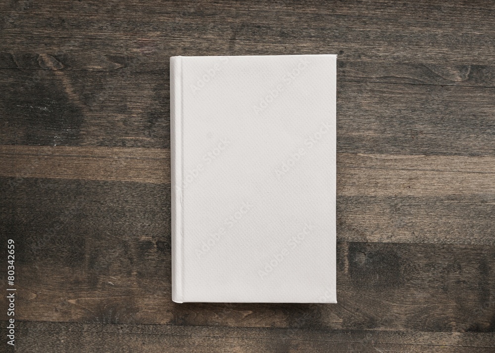 Book. Photo blank book cover on textured wood background - obrazy, fototapety, plakaty 