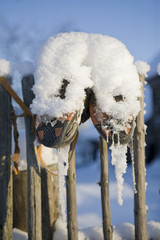 Wall Mural - old shoes hanging on a fence in winter in a russian village