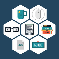 flat icons vector collection of programming and coding objects.
