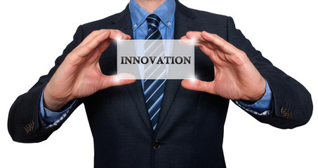 Wall Mural - businessman holding white card with innovation sign, white