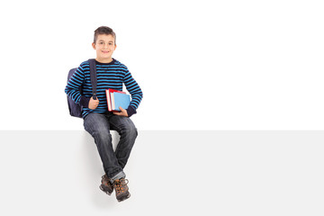 Wall Mural - Schoolboy holding a couple of books seated on panel