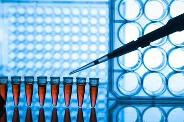 Sticker - PCR strip test tubes and micropipette in genetics laboratory