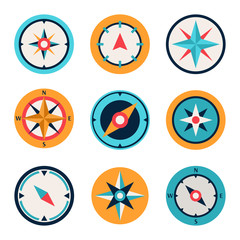 Wind rose compass flat vector symbols set