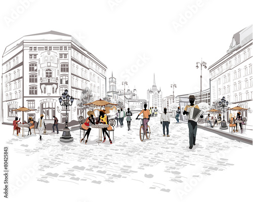Obraz w ramie Rysunkowy widok ulicy z ludźmi w mieście