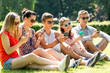 © Syda Productions - smiling friends with smartphones sitting on grass