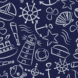nautical sketch doodle vector icons seamless blue pattern eps10
