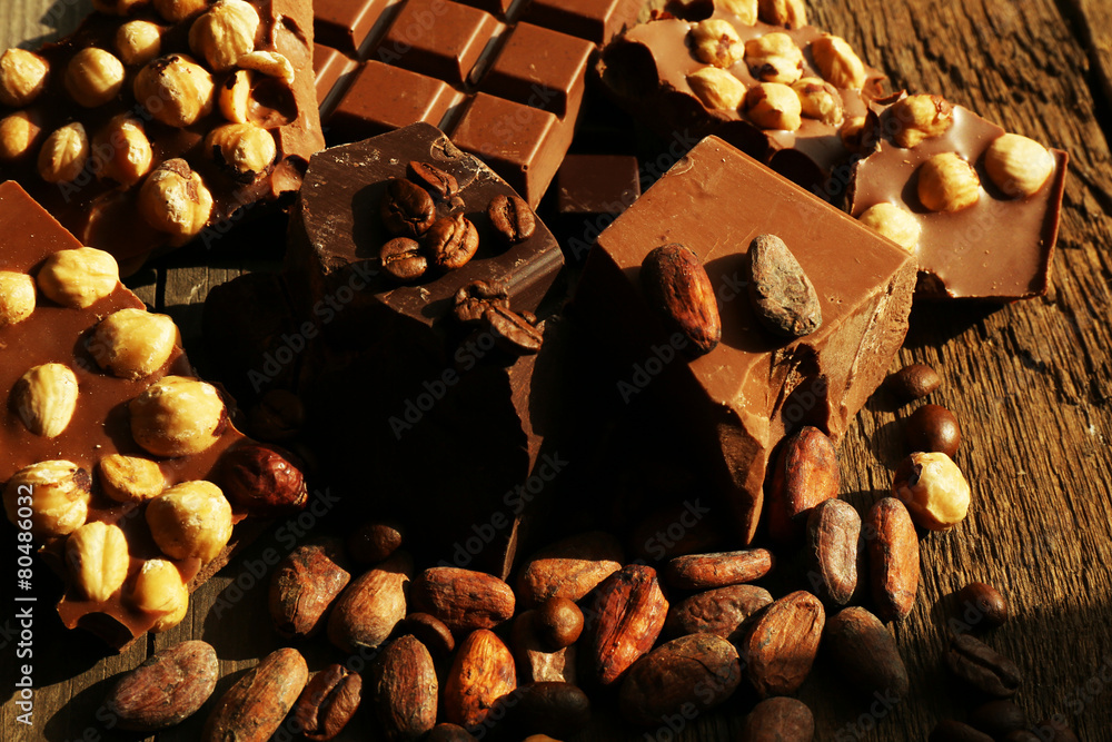 Still life with set of chocolate with nuts, closeup