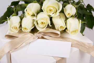 Wall Mural - white roses, gift box and blank card for text