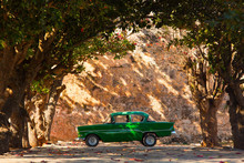 Classic Old Car Under Trees In Cuba