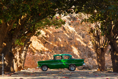 Fototapeta na wymiar Classic old car under trees in Cuba