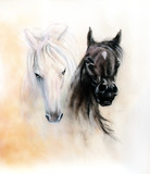 Horse heads, two black and white horse spirits, beautiful detail