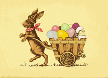 Vector Illustration: Easter Rabbit Pulling A Card With Eggs