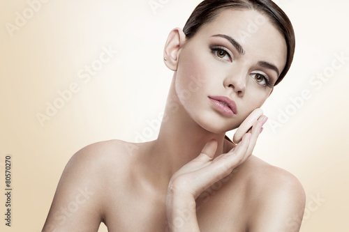 Fotografie, Obraz Pretty female enjoy a flawless skin, skin care concept