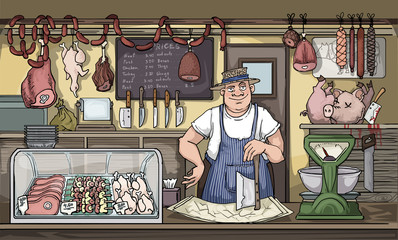 Butcher in his shop, full or different meats