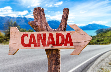 Wall Mural - Canada wooden sign with a road background