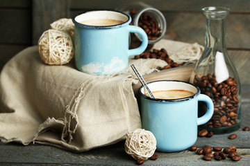 Beautiful composition with tasty cappuccino on wooden table