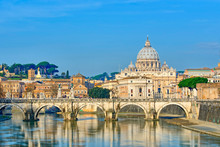 Bridge Of Castel St. Angelo On The Tiber.Dome Of St. Peter's Bas