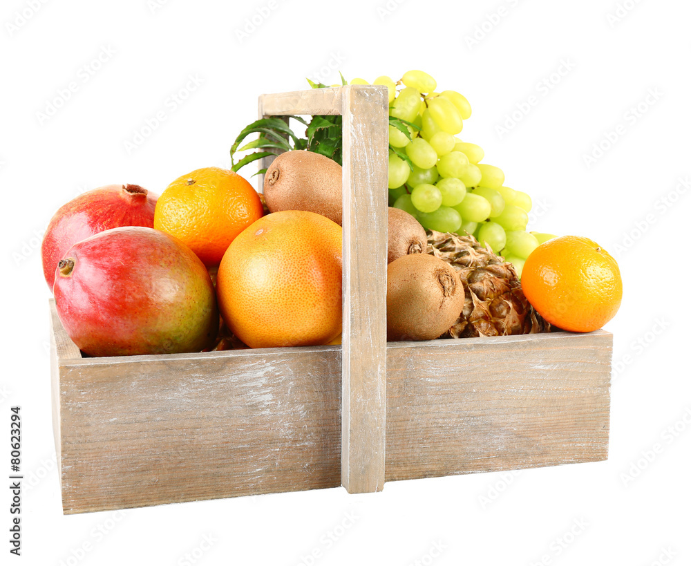 Assortment of fruits in box isolated on white