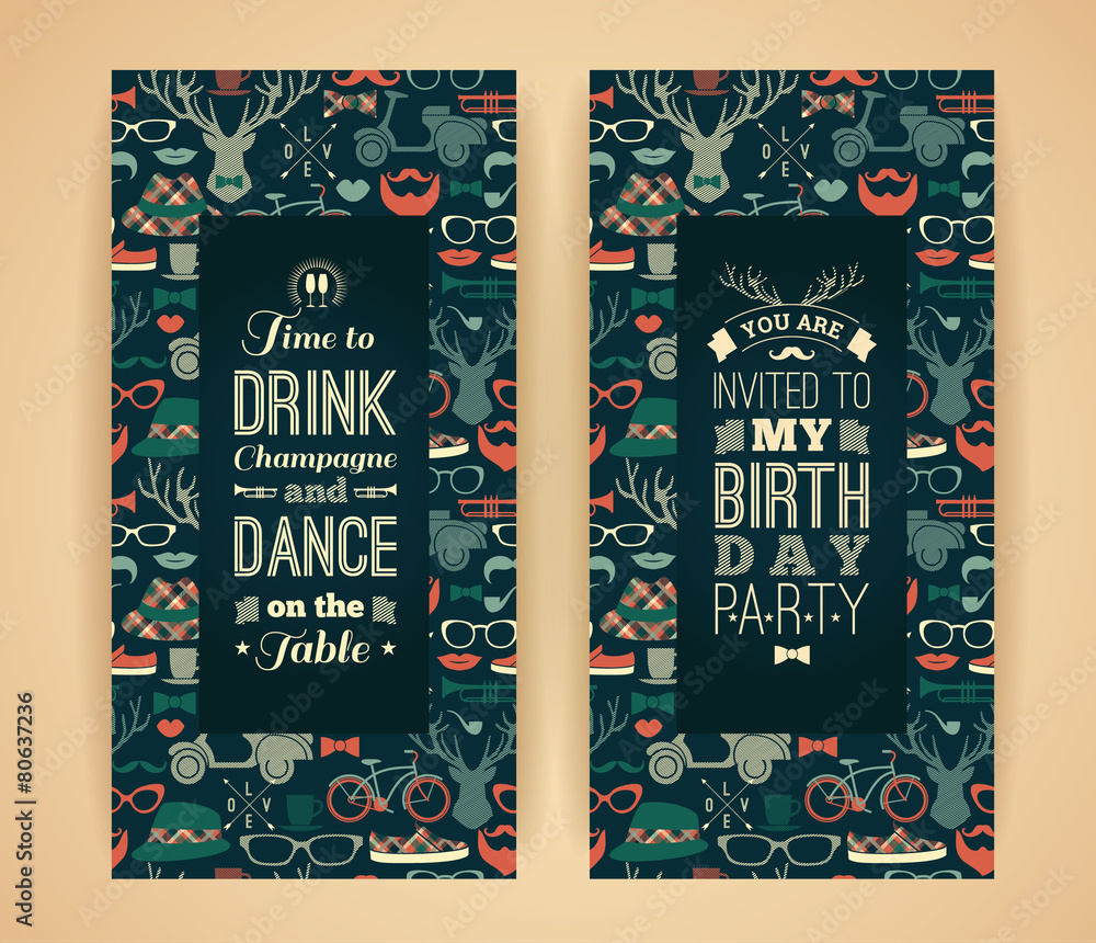 Happy birthday invitation, vintage retro background with hipster Stock  Vector | Adobe Stock, image size:1000x860