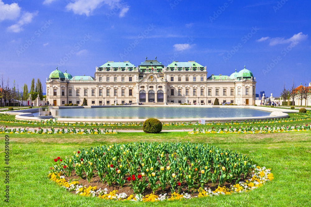 Belvedere palace ,Vienna Austria ,with beautiful floral garden - obrazy, fototapety, plakaty 