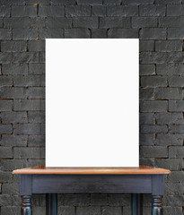 blank poster on vintage wooden table at brick tiles wall,Templat