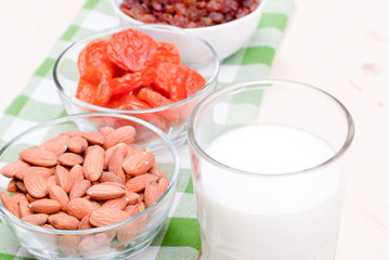 Sticker - milk, almonds, raisins, dried apricots on the table top view