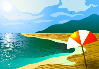 Wall Mural - Vector illustration. The beach on the ocean in the mountains