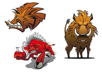 Cartoon wild boars with ruffled fur