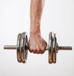 © Pitcher - Hand holding chrome dumbbell on the white background.