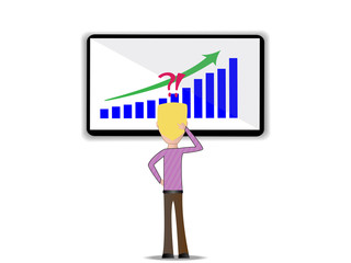 Wall Mural - Blond guy character looking on television with chart