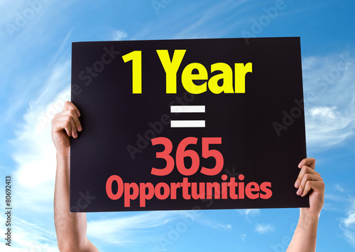 Fényképezés 1 Year = 365 Opportunities card with sky background