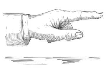 Vector of hand  with pointing finger at retro engraving style.