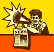 Vintage newspaper boy shouting latest news with megaphone