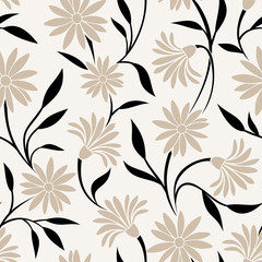 Wall Mural - Seamless pattern with beige flowers and black leaves. Vector 