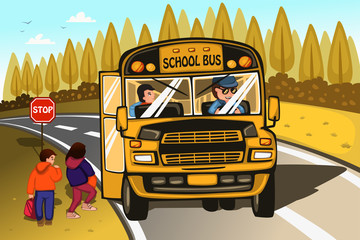 Wall Mural - School bus driver and kids