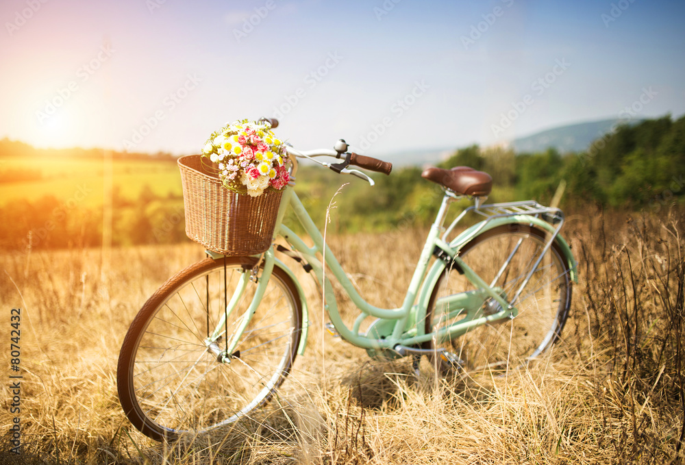 Vintage bicycle with basket full of flowers standing in field - obrazy, fototapety, plakaty 