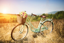 Vintage Bicycle With Basket Full Of Flowers Standing In Field