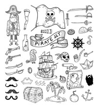 Doodle Pirate Elememts, Vector Illustration.