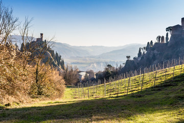 Poster - Medieval  Fortress and clock tower among hills in the fog