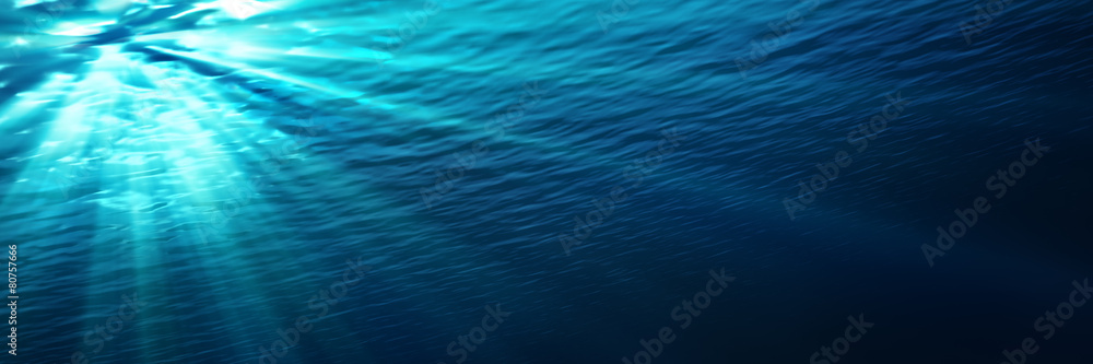 underwater - blue shining in deep of the sea - obrazy, fototapety, plakaty 