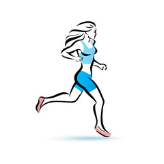 Wall Mural - running woman silhouette, outlined vector sketch, fitness concep