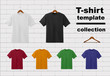 T-shirt template collection with hangers on white brick wall