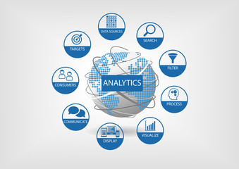 Data and web analytics icons with world map