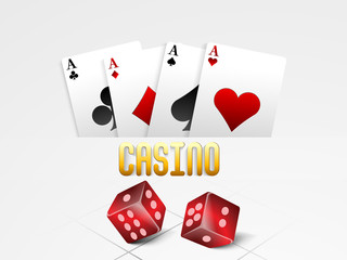 Poster - Playing cards with red dices for Casino on grey background.