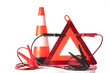 warning triangle and traffic cone with jump start cable